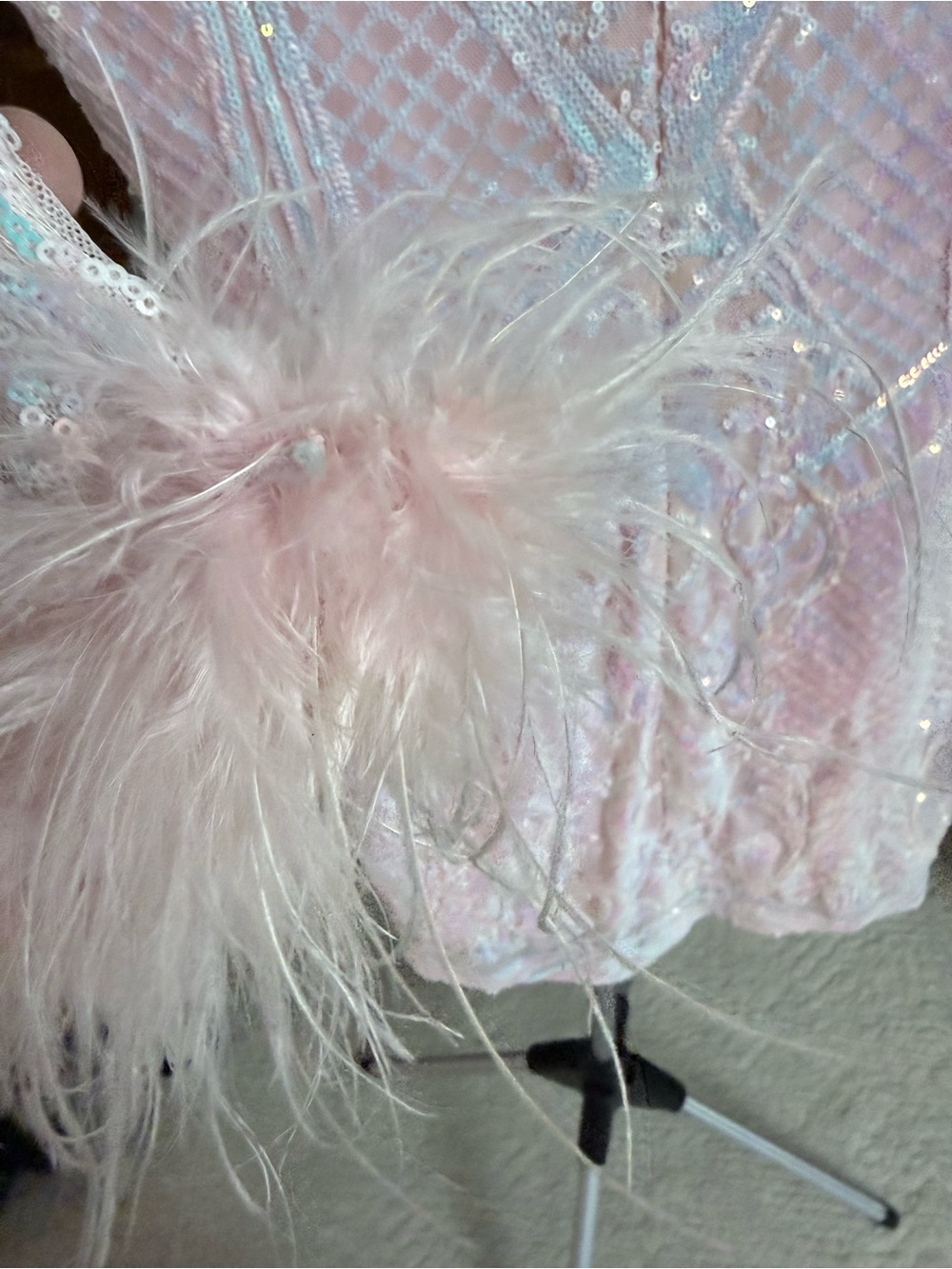 Blondie Nites Iridescent Pink Sequin Mini Dress sz 7 sheer feather cuff sleeves - Picture 13 of 16